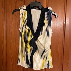 Elie Tahari Silk Navy Ruffled V Neck Blouse Size XS #2322